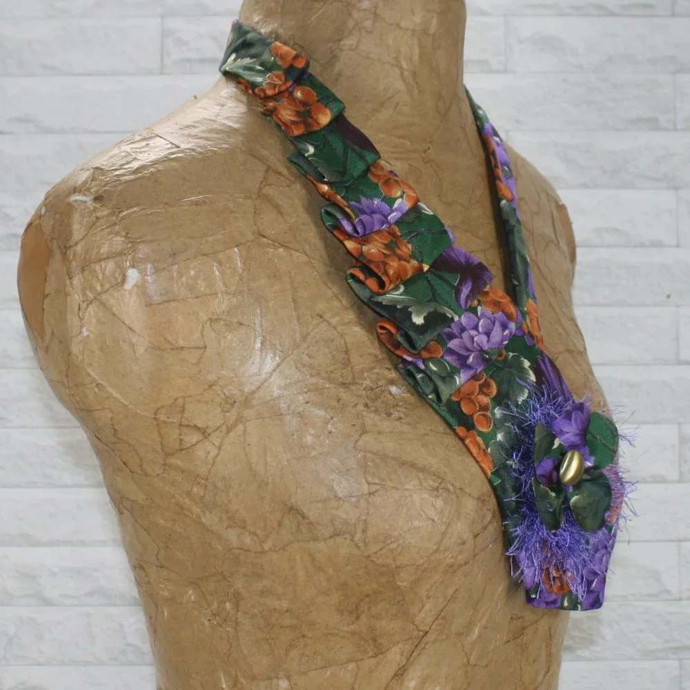 HAND CRAFTED Scarf Necklace Wrap Accessory Upcycled Necktie Purple Floral Grapes